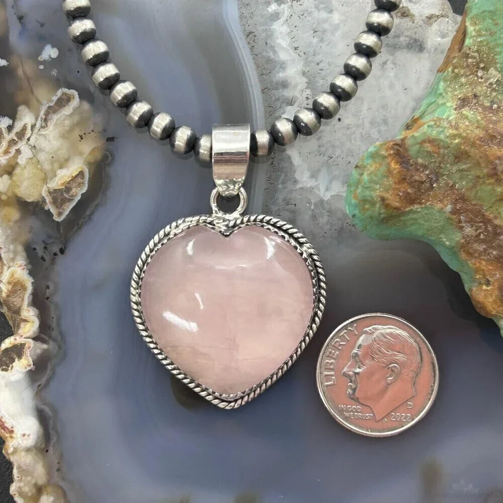 Sterling Silver Southwestern Style Rose Quartz Heart Pendant For Women